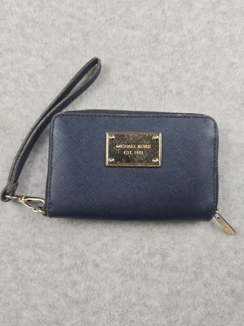 Michael Kors Navy Blue Saffiano Leather Zip Around Wristlet Wallet EST 1981